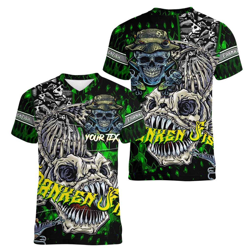 Personalized Franken Fish Women V-Neck T-Shirt Skull Fishing Green - Wonder Print Shop