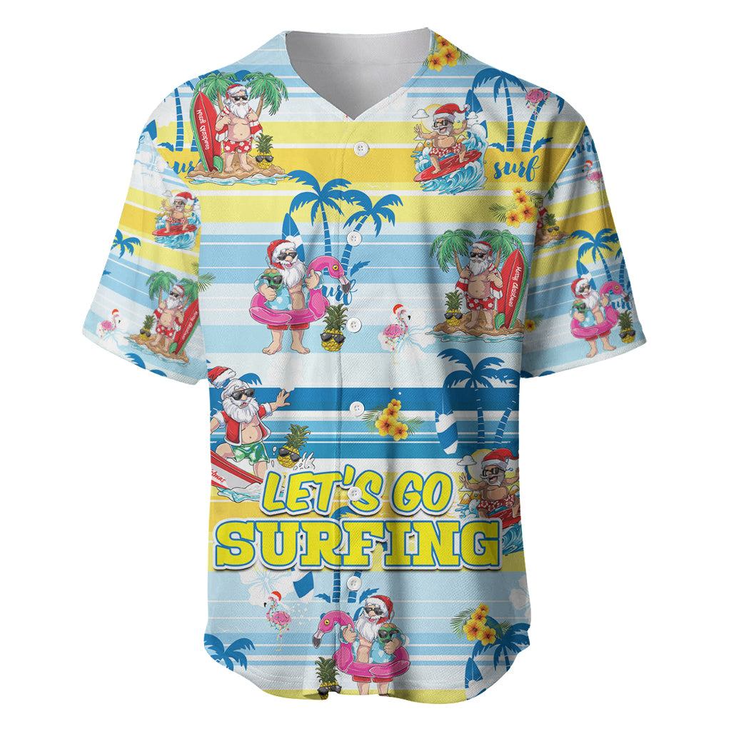 Surfing Christmas Baseball Jersey Tropical Santa Let's Go Surfing - Wonder Print Shop