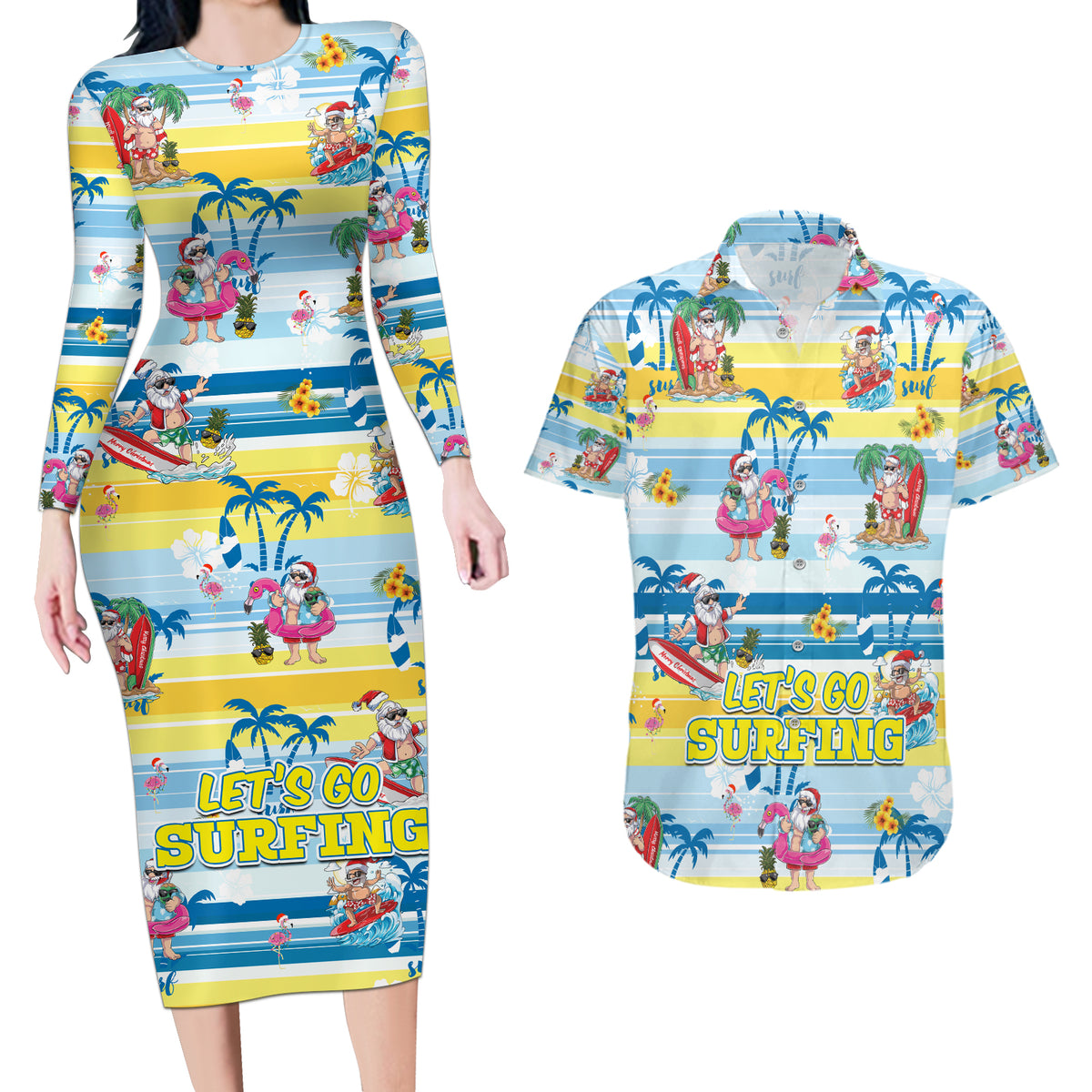 Surfing Christmas Couples Matching Long Sleeve Bodycon Dress and Hawaiian Shirt Tropical Santa Let's Go Surfing - Wonder Print Shop
