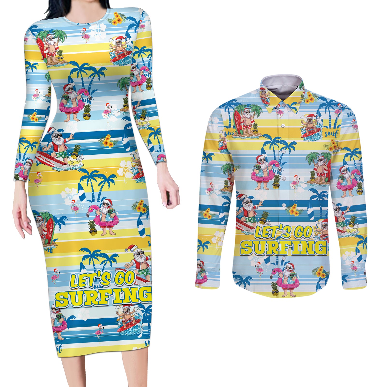 Surfing Christmas Couples Matching Long Sleeve Bodycon Dress and Long Sleeve Button Shirt Tropical Santa Let's Go Surfing - Wonder Print Shop