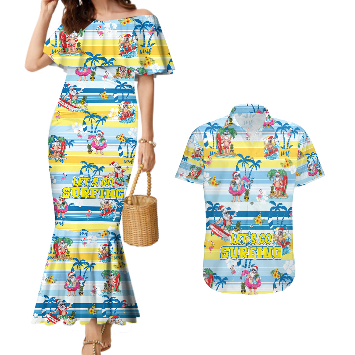 Surfing Christmas Couples Matching Mermaid Dress and Hawaiian Shirt Tropical Santa Let's Go Surfing - Wonder Print Shop