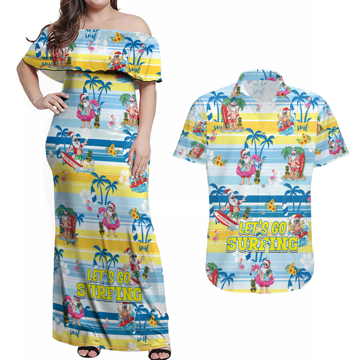 Surfing Christmas Couples Matching Off Shoulder Maxi Dress and Hawaiian Shirt Tropical Santa Let's Go Surfing - Wonder Print Shop