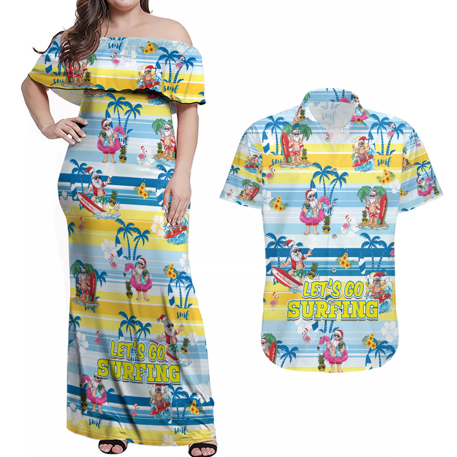 Surfing Christmas Couples Matching Off Shoulder Maxi Dress and Hawaiian Shirt Tropical Santa Let's Go Surfing - Wonder Print Shop