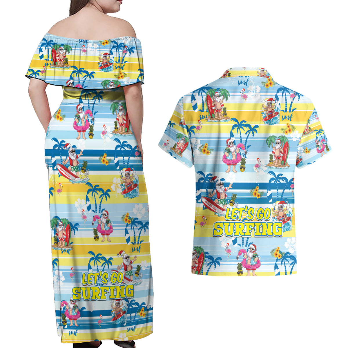 Surfing Christmas Couples Matching Off Shoulder Maxi Dress and Hawaiian Shirt Tropical Santa Let's Go Surfing - Wonder Print Shop