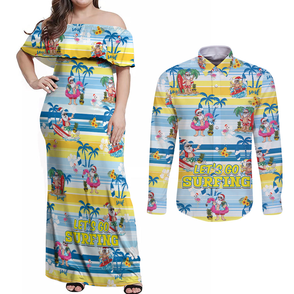 Surfing Christmas Couples Matching Off Shoulder Maxi Dress and Long Sleeve Button Shirt Tropical Santa Let's Go Surfing - Wonder Print Shop