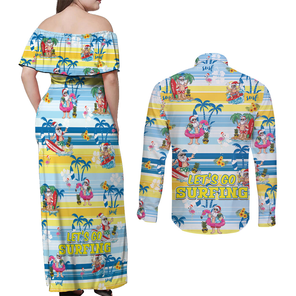 Surfing Christmas Couples Matching Off Shoulder Maxi Dress and Long Sleeve Button Shirt Tropical Santa Let's Go Surfing - Wonder Print Shop