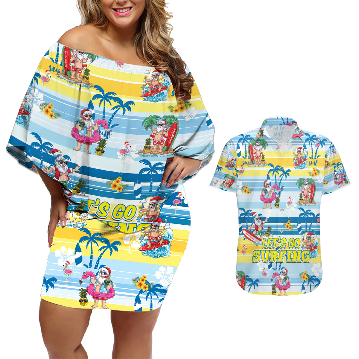 Surfing Christmas Couples Matching Off Shoulder Short Dress and Hawaiian Shirt Tropical Santa Let's Go Surfing - Wonder Print Shop