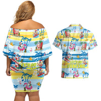 Surfing Christmas Couples Matching Off Shoulder Short Dress and Hawaiian Shirt Tropical Santa Let's Go Surfing - Wonder Print Shop