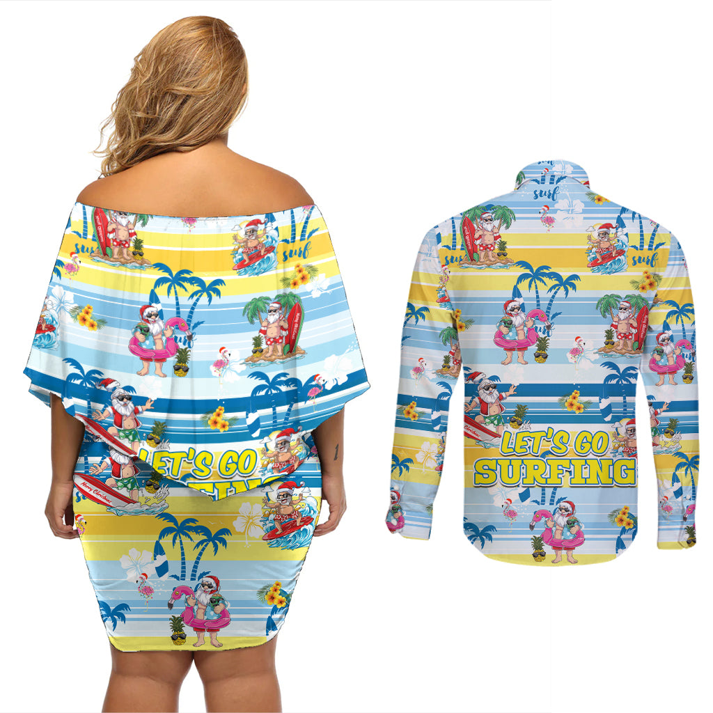 Surfing Christmas Couples Matching Off Shoulder Short Dress and Long Sleeve Button Shirt Tropical Santa Let's Go Surfing - Wonder Print Shop