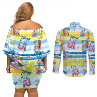 Surfing Christmas Couples Matching Off Shoulder Short Dress and Long Sleeve Button Shirt Tropical Santa Let's Go Surfing - Wonder Print Shop