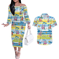 Surfing Christmas Couples Matching Off The Shoulder Long Sleeve Dress and Hawaiian Shirt Tropical Santa Let's Go Surfing - Wonder Print Shop
