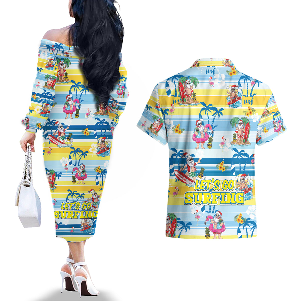 Surfing Christmas Couples Matching Off The Shoulder Long Sleeve Dress and Hawaiian Shirt Tropical Santa Let's Go Surfing - Wonder Print Shop