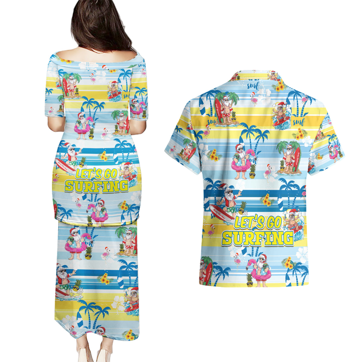 Surfing Christmas Couples Matching Puletasi Dress and Hawaiian Shirt Tropical Santa Let's Go Surfing - Wonder Print Shop