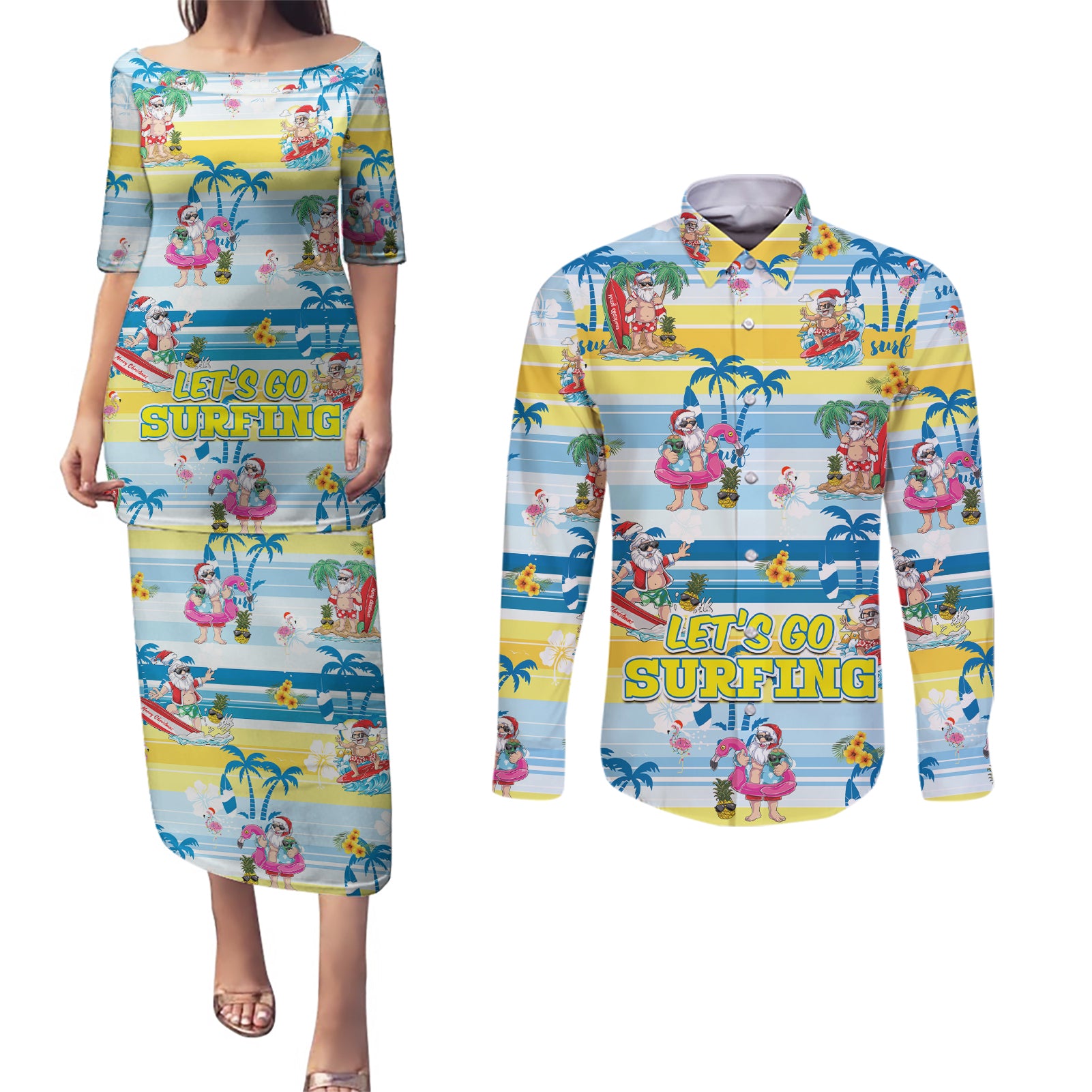 Surfing Christmas Couples Matching Puletasi Dress and Long Sleeve Button Shirt Tropical Santa Let's Go Surfing - Wonder Print Shop