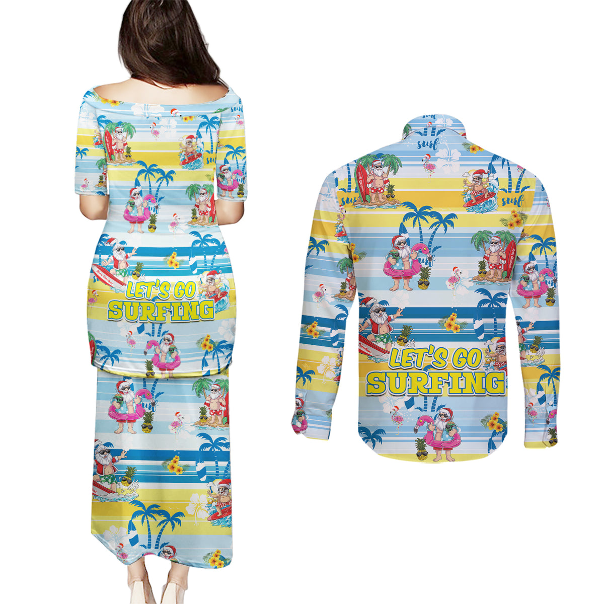 Surfing Christmas Couples Matching Puletasi Dress and Long Sleeve Button Shirt Tropical Santa Let's Go Surfing - Wonder Print Shop