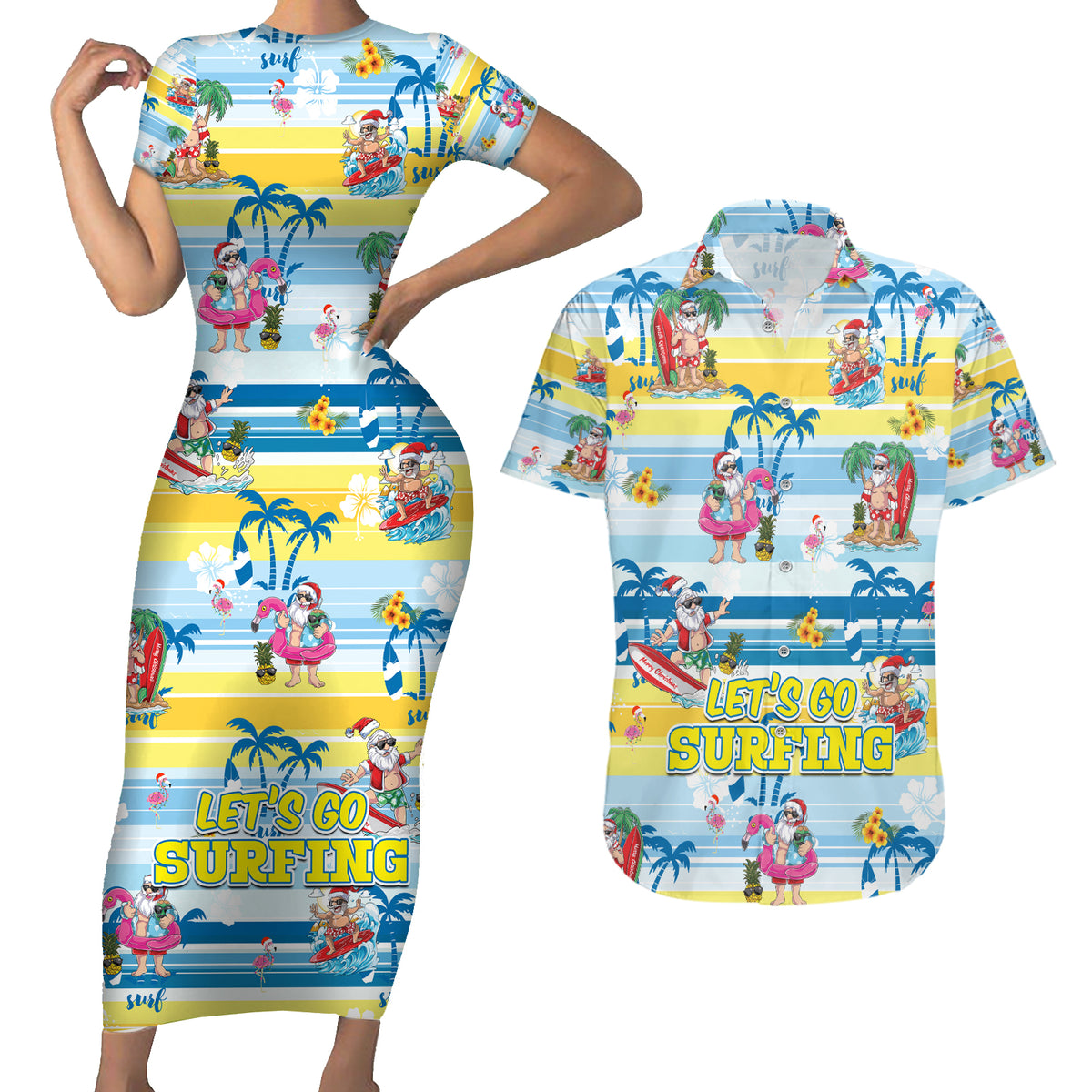 Surfing Christmas Couples Matching Short Sleeve Bodycon Dress and Hawaiian Shirt Tropical Santa Let's Go Surfing - Wonder Print Shop