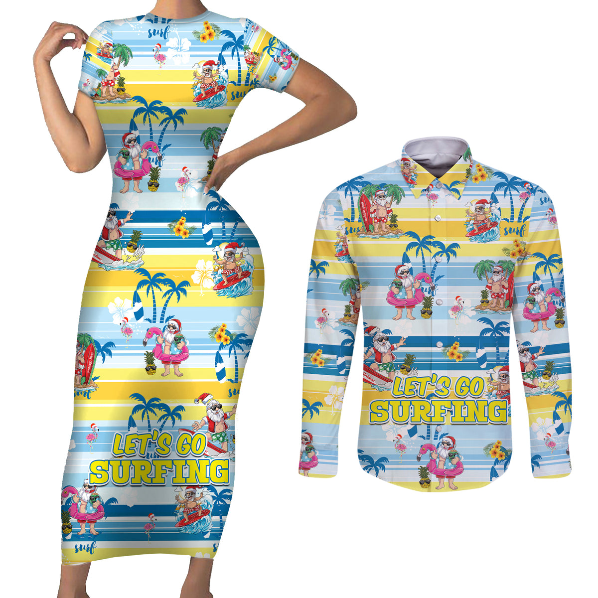 Surfing Christmas Couples Matching Short Sleeve Bodycon Dress and Long Sleeve Button Shirt Tropical Santa Let's Go Surfing - Wonder Print Shop