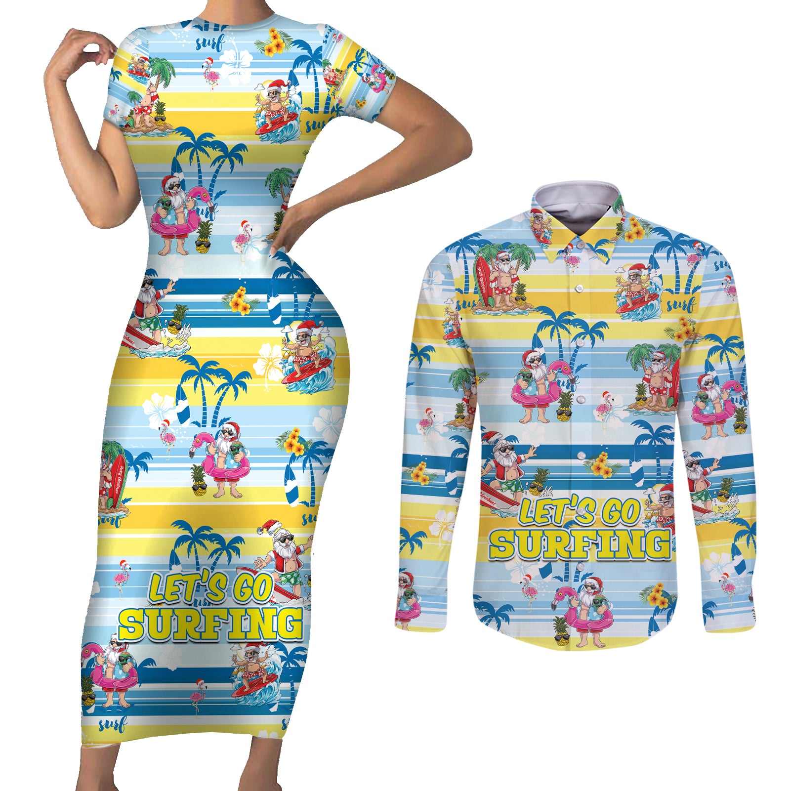 Surfing Christmas Couples Matching Short Sleeve Bodycon Dress and Long Sleeve Button Shirt Tropical Santa Let's Go Surfing - Wonder Print Shop