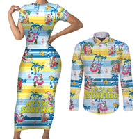 Surfing Christmas Couples Matching Short Sleeve Bodycon Dress and Long Sleeve Button Shirt Tropical Santa Let's Go Surfing - Wonder Print Shop