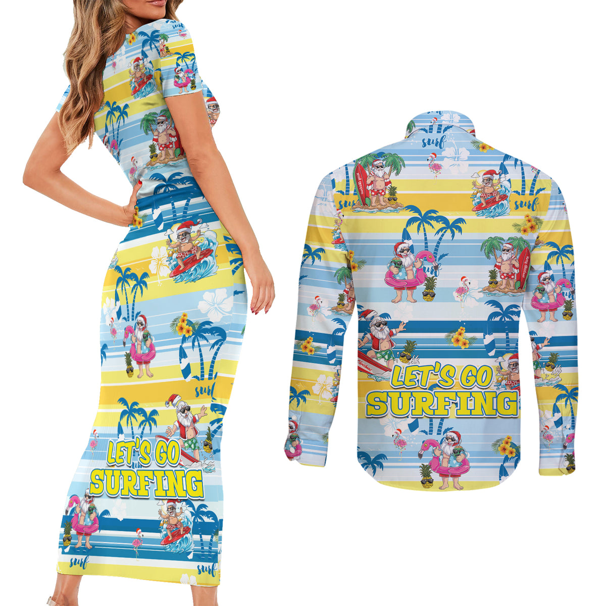 Surfing Christmas Couples Matching Short Sleeve Bodycon Dress and Long Sleeve Button Shirt Tropical Santa Let's Go Surfing - Wonder Print Shop