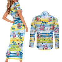 Surfing Christmas Couples Matching Short Sleeve Bodycon Dress and Long Sleeve Button Shirt Tropical Santa Let's Go Surfing - Wonder Print Shop