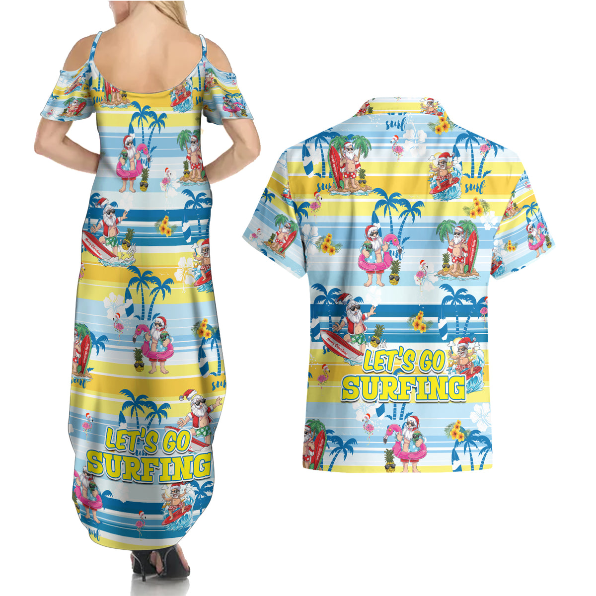 Surfing Christmas Couples Matching Summer Maxi Dress and Hawaiian Shirt Tropical Santa Let's Go Surfing - Wonder Print Shop