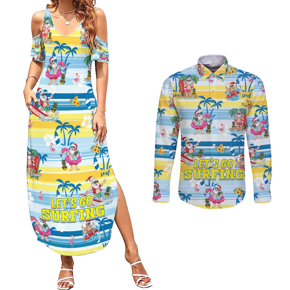 Surfing Christmas Couples Matching Summer Maxi Dress and Long Sleeve Button Shirt Tropical Santa Let's Go Surfing - Wonder Print Shop