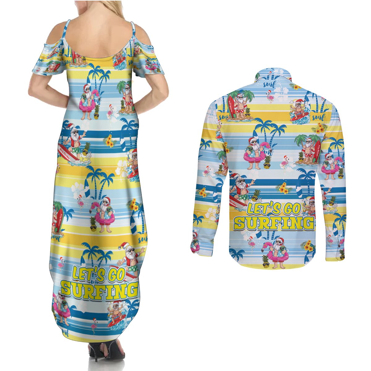 Surfing Christmas Couples Matching Summer Maxi Dress and Long Sleeve Button Shirt Tropical Santa Let's Go Surfing - Wonder Print Shop