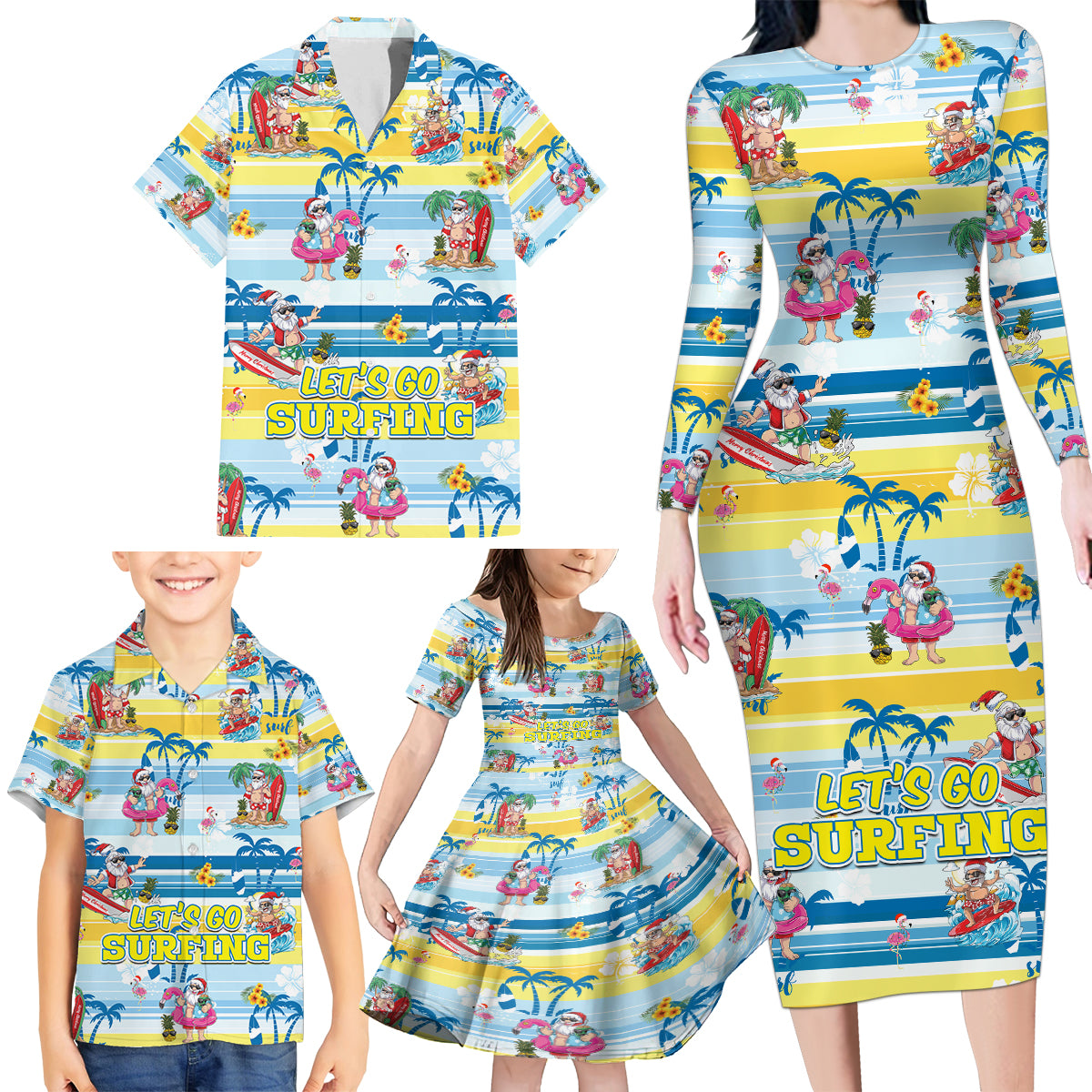Surfing Christmas Family Matching Long Sleeve Bodycon Dress and Hawaiian Shirt Tropical Santa Let's Go Surfing - Wonder Print Shop