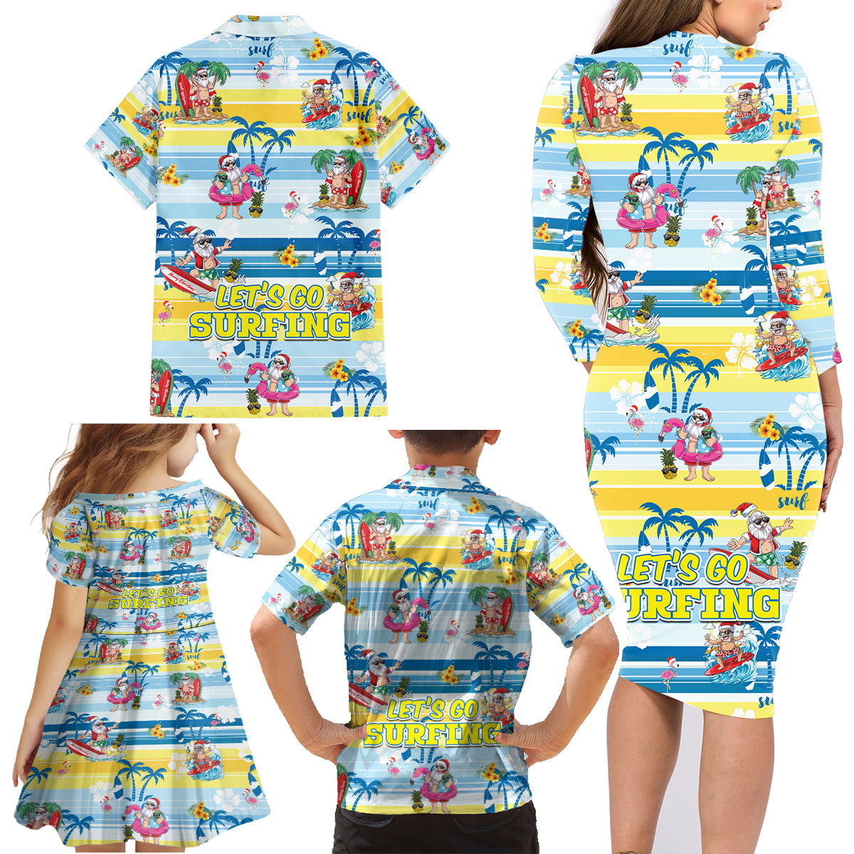 Surfing Christmas Family Matching Long Sleeve Bodycon Dress and Hawaiian Shirt Tropical Santa Let's Go Surfing - Wonder Print Shop