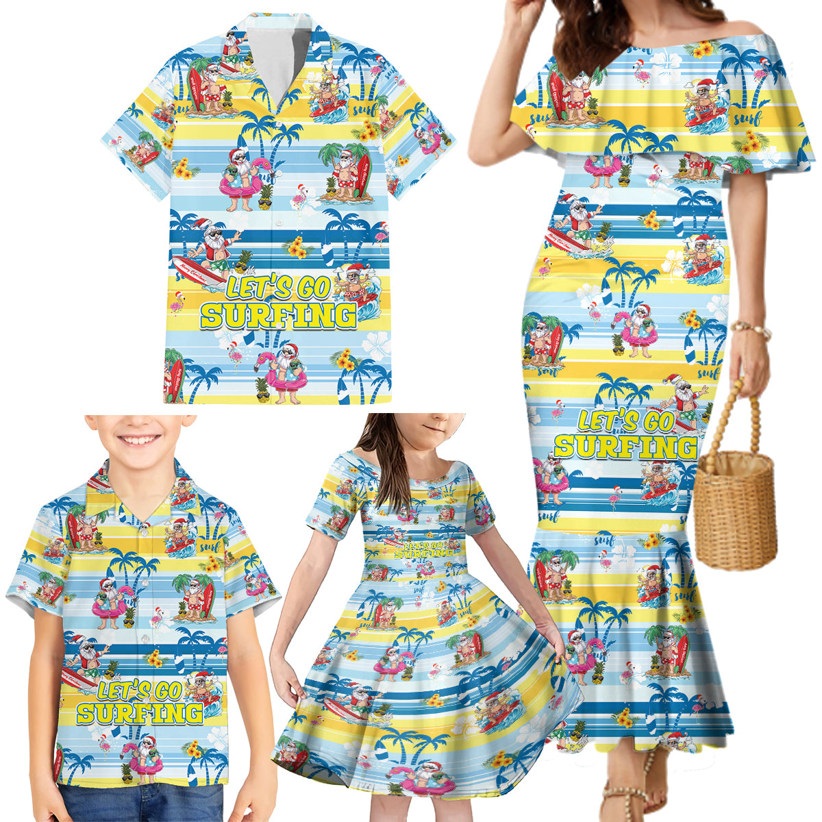 Surfing Christmas Family Matching Mermaid Dress and Hawaiian Shirt Tropical Santa Let's Go Surfing - Wonder Print Shop