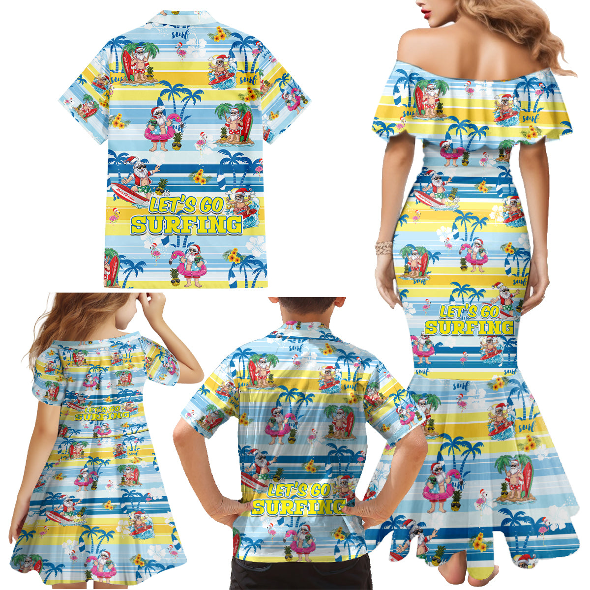 Surfing Christmas Family Matching Mermaid Dress and Hawaiian Shirt Tropical Santa Let's Go Surfing - Wonder Print Shop