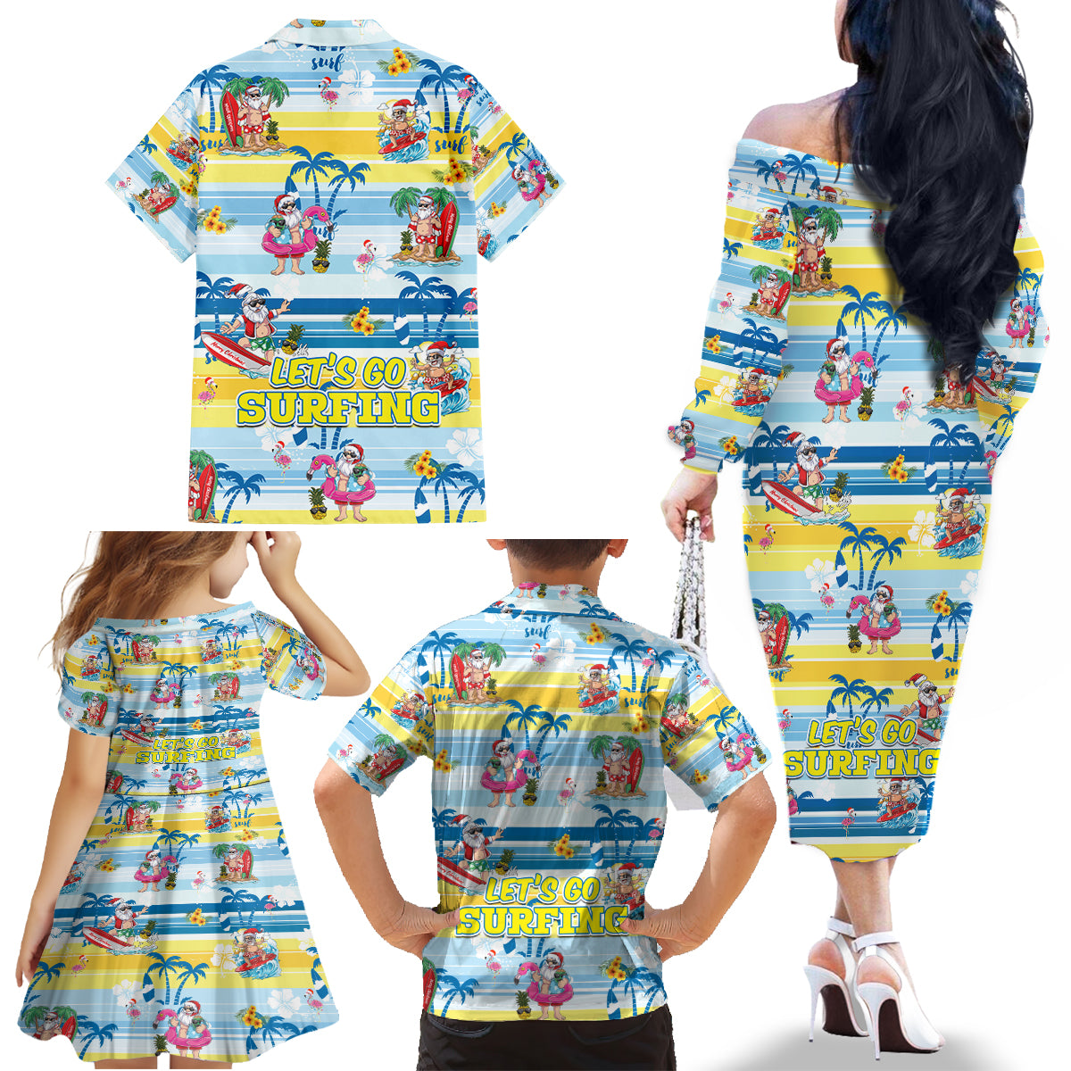 Surfing Christmas Family Matching Off Shoulder Long Sleeve Dress and Hawaiian Shirt Tropical Santa Let's Go Surfing - Wonder Print Shop