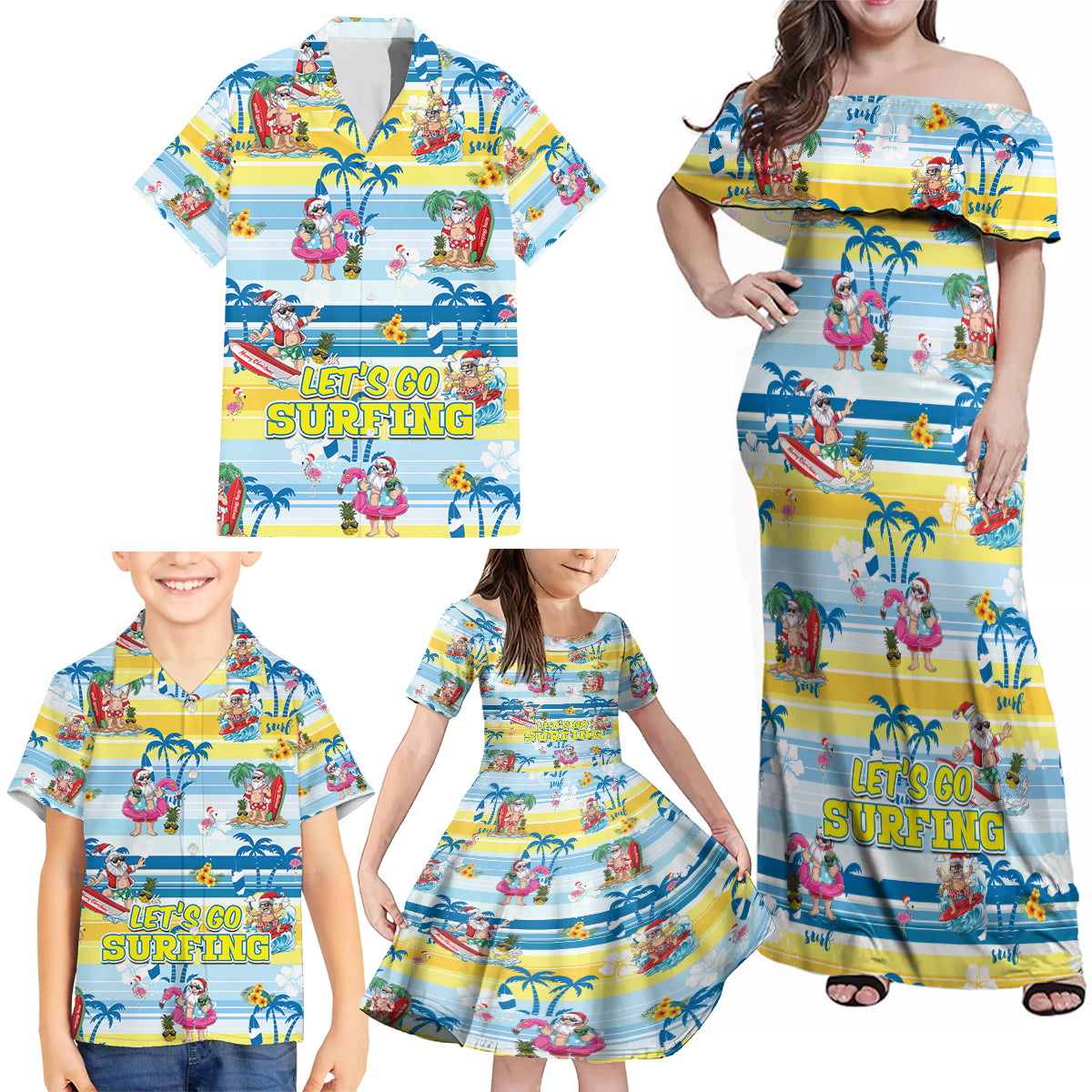 Surfing Christmas Family Matching Off Shoulder Maxi Dress and Hawaiian Shirt Tropical Santa Let's Go Surfing - Wonder Print Shop