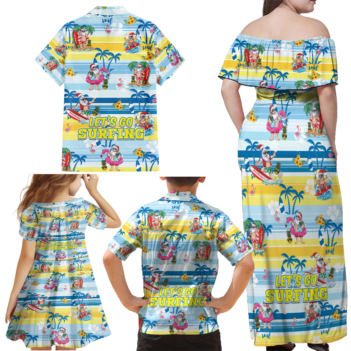 Surfing Christmas Family Matching Off Shoulder Maxi Dress and Hawaiian Shirt Tropical Santa Let's Go Surfing - Wonder Print Shop