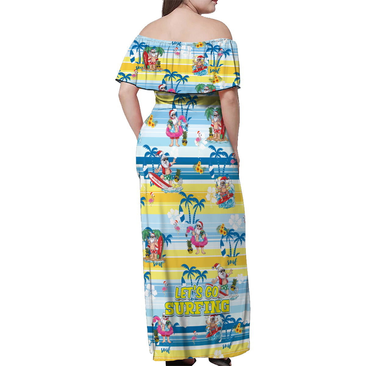 Surfing Christmas Family Matching Off Shoulder Maxi Dress and Hawaiian Shirt Tropical Santa Let's Go Surfing - Wonder Print Shop