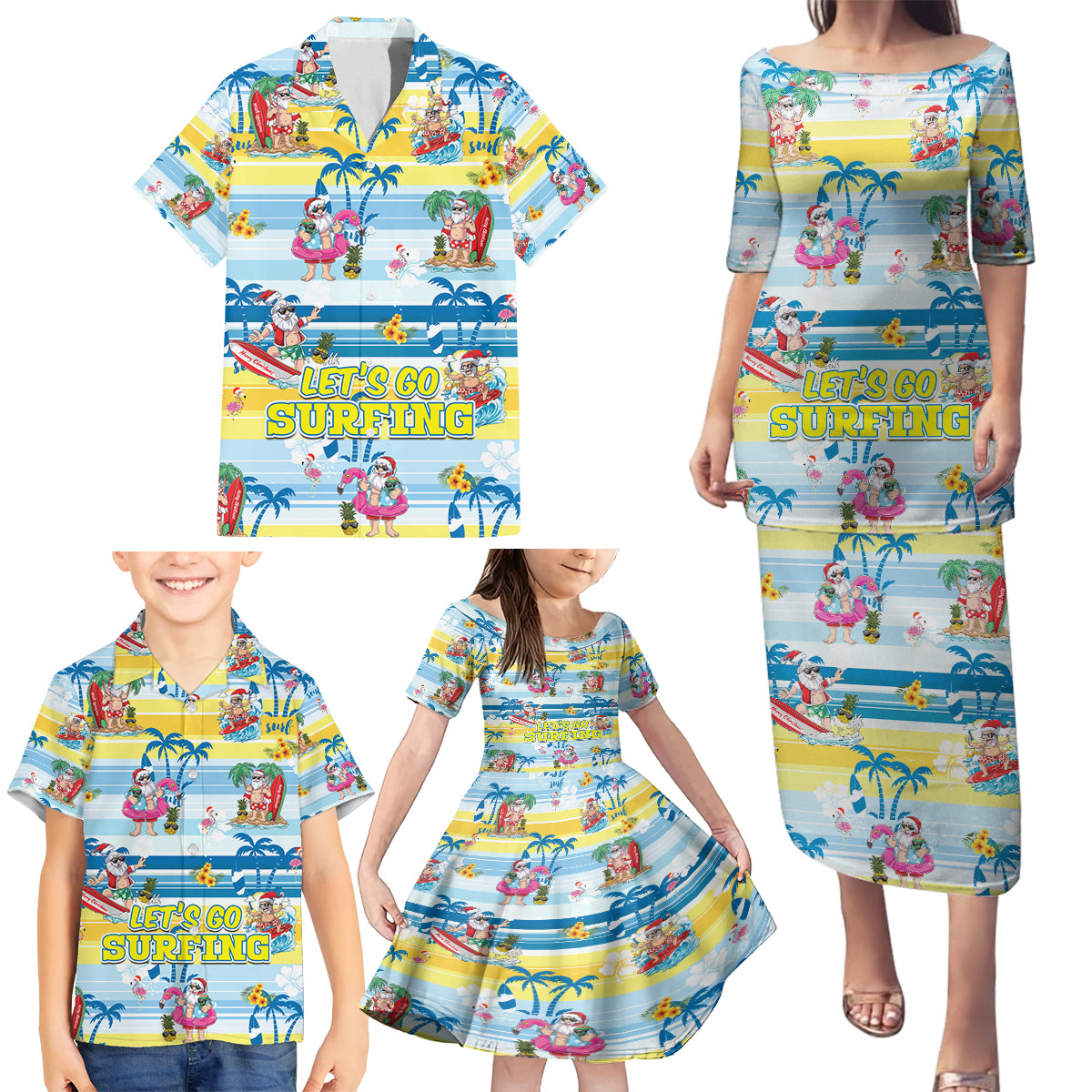 Surfing Christmas Family Matching Puletasi Dress and Hawaiian Shirt Tropical Santa Let's Go Surfing - Wonder Print Shop