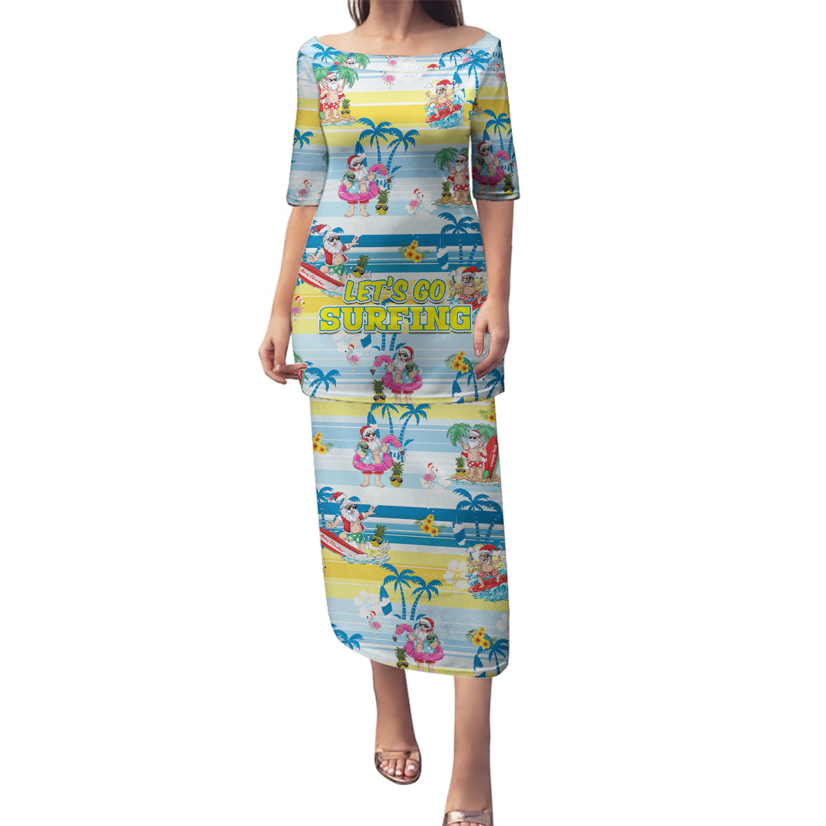Surfing Christmas Family Matching Puletasi Dress and Hawaiian Shirt Tropical Santa Let's Go Surfing - Wonder Print Shop