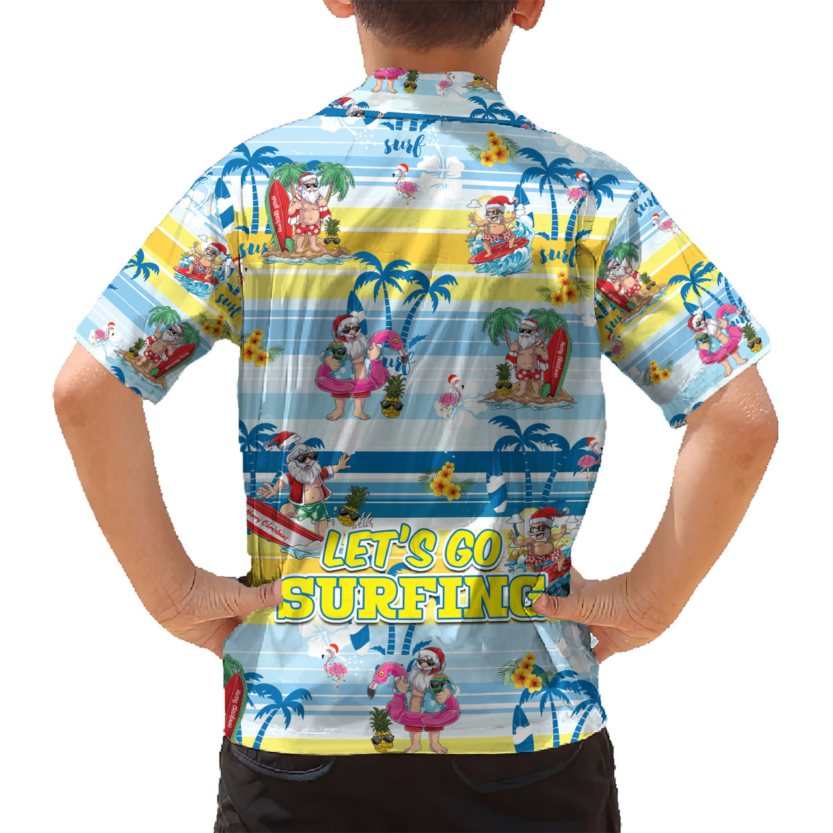 Surfing Christmas Family Matching Short Sleeve Bodycon Dress and Hawaiian Shirt Tropical Santa Let's Go Surfing - Wonder Print Shop