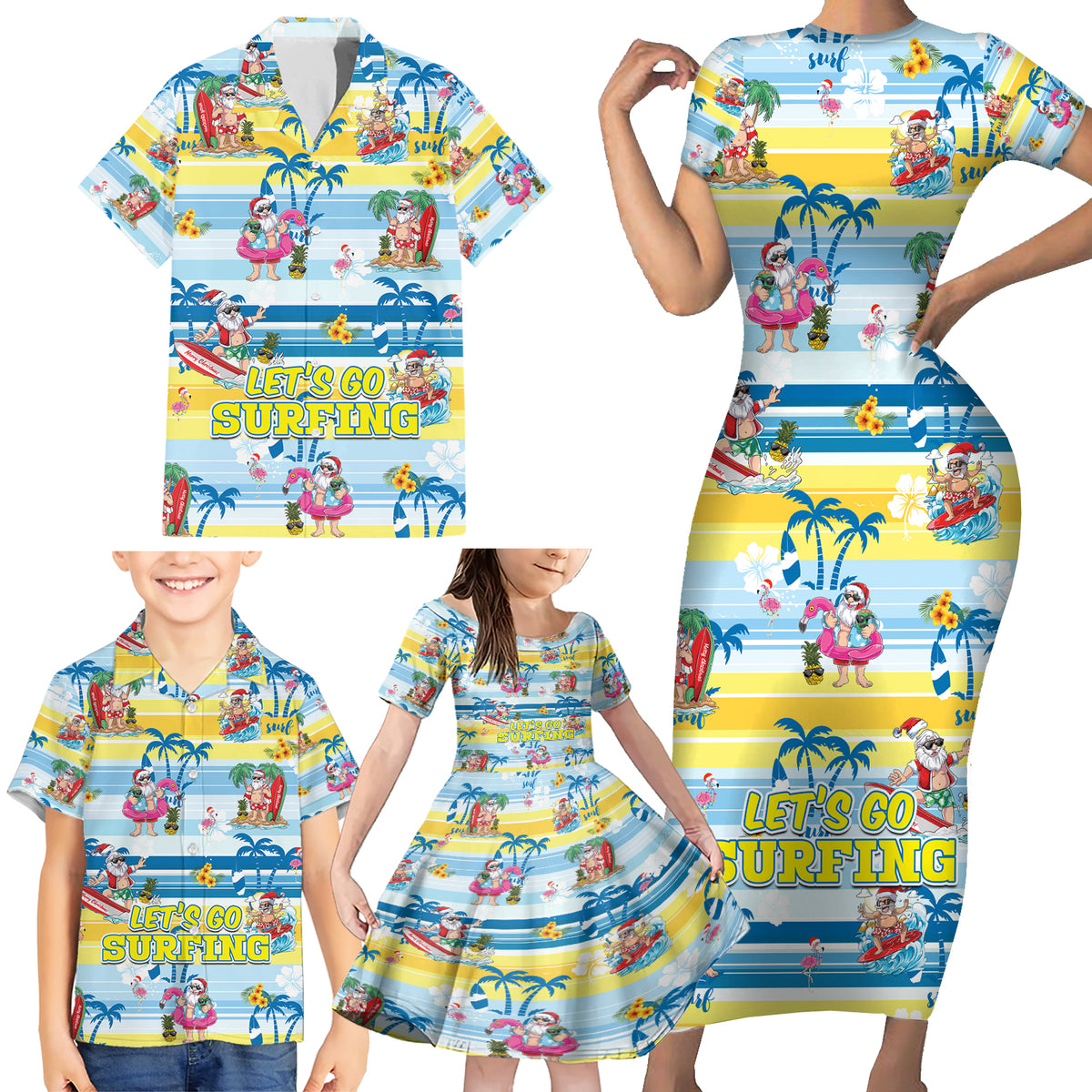 Surfing Christmas Family Matching Short Sleeve Bodycon Dress and Hawaiian Shirt Tropical Santa Let's Go Surfing - Wonder Print Shop