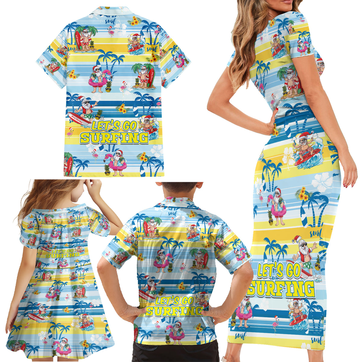 Surfing Christmas Family Matching Short Sleeve Bodycon Dress and Hawaiian Shirt Tropical Santa Let's Go Surfing - Wonder Print Shop