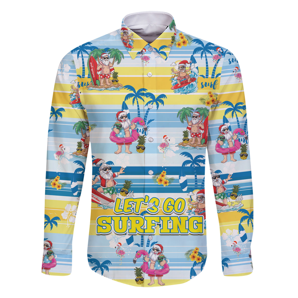 Surfing Christmas Family Matching Short Sleeve Bodycon Dress and Hawaiian Shirt Tropical Santa Let's Go Surfing - Wonder Print Shop