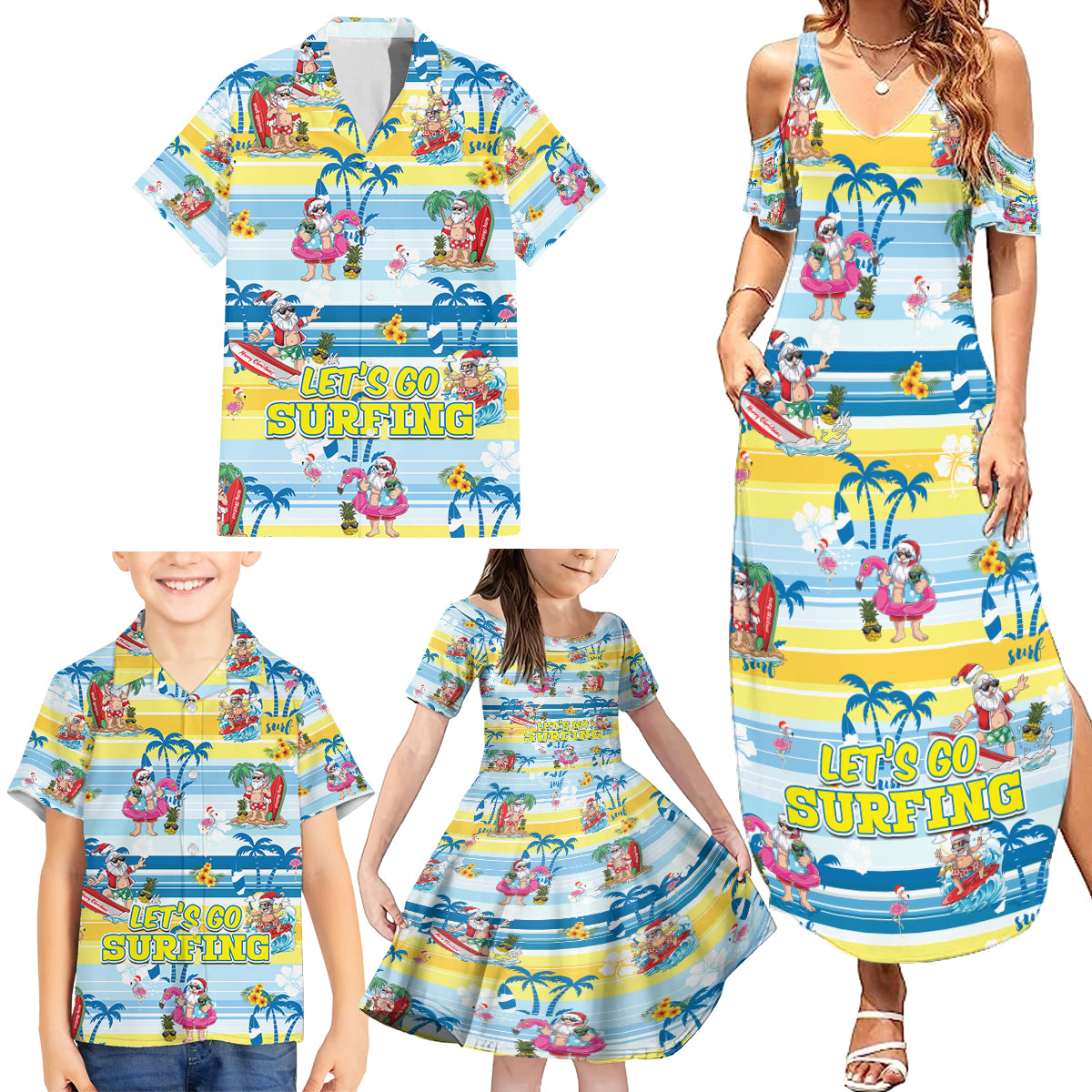 Surfing Christmas Family Matching Summer Maxi Dress and Hawaiian Shirt Tropical Santa Let's Go Surfing - Wonder Print Shop