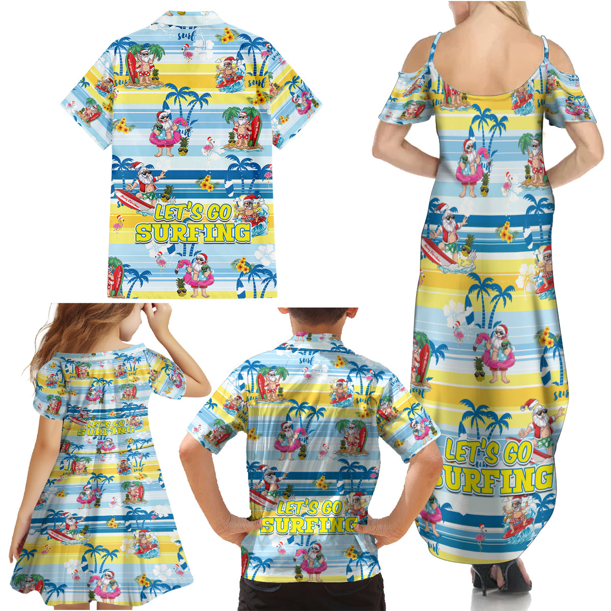 Surfing Christmas Family Matching Summer Maxi Dress and Hawaiian Shirt Tropical Santa Let's Go Surfing - Wonder Print Shop