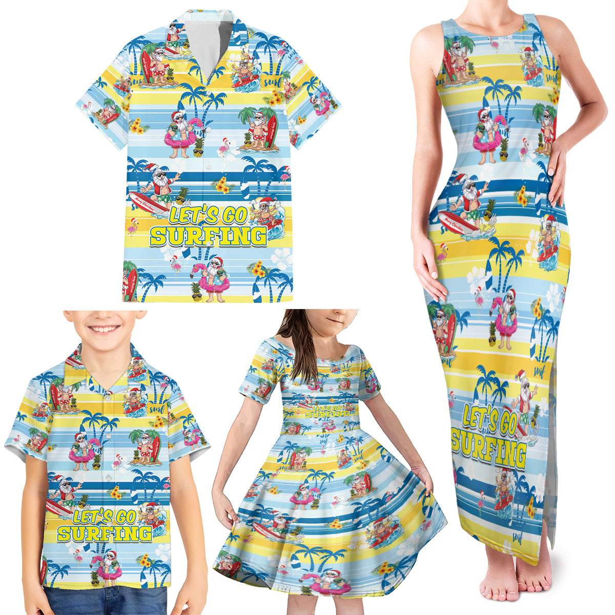 Surfing Christmas Family Matching Tank Maxi Dress and Hawaiian Shirt Tropical Santa Let's Go Surfing - Wonder Print Shop