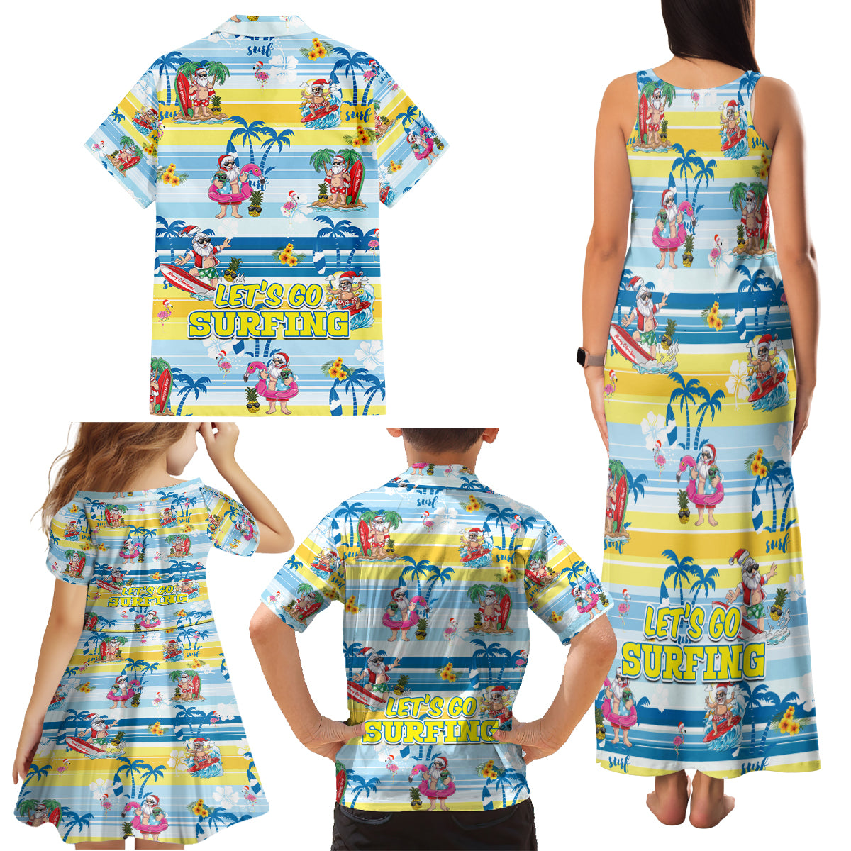 Surfing Christmas Family Matching Tank Maxi Dress and Hawaiian Shirt Tropical Santa Let's Go Surfing - Wonder Print Shop