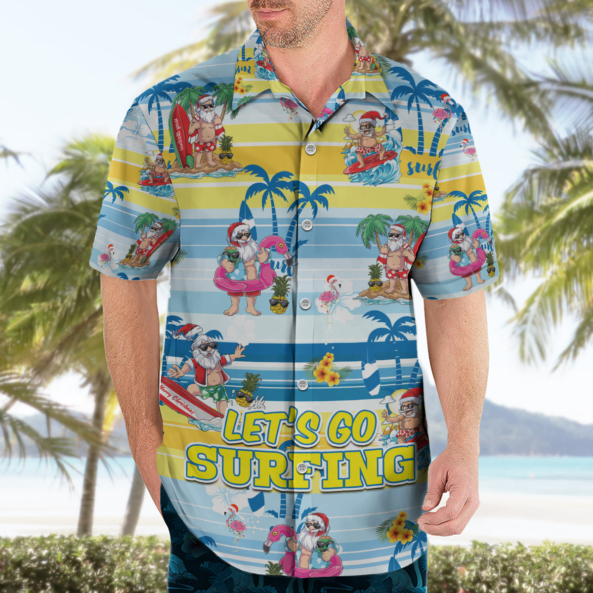 Surfing Christmas Hawaiian Shirt Tropical Santa Let's Go Surfing - Wonder Print Shop