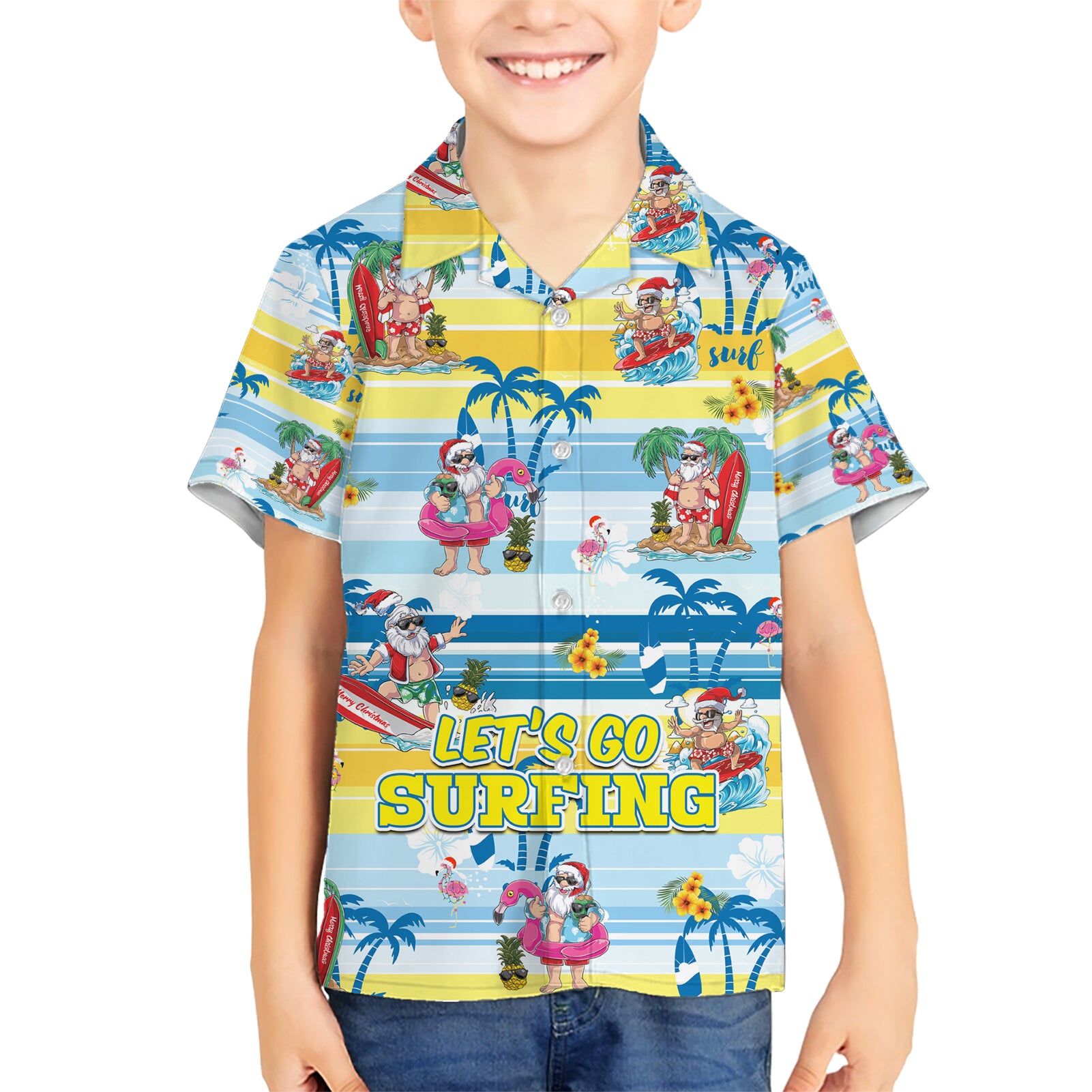 Surfing Christmas Kid Hawaiian Shirt Tropical Santa Let's Go Surfing - Wonder Print Shop