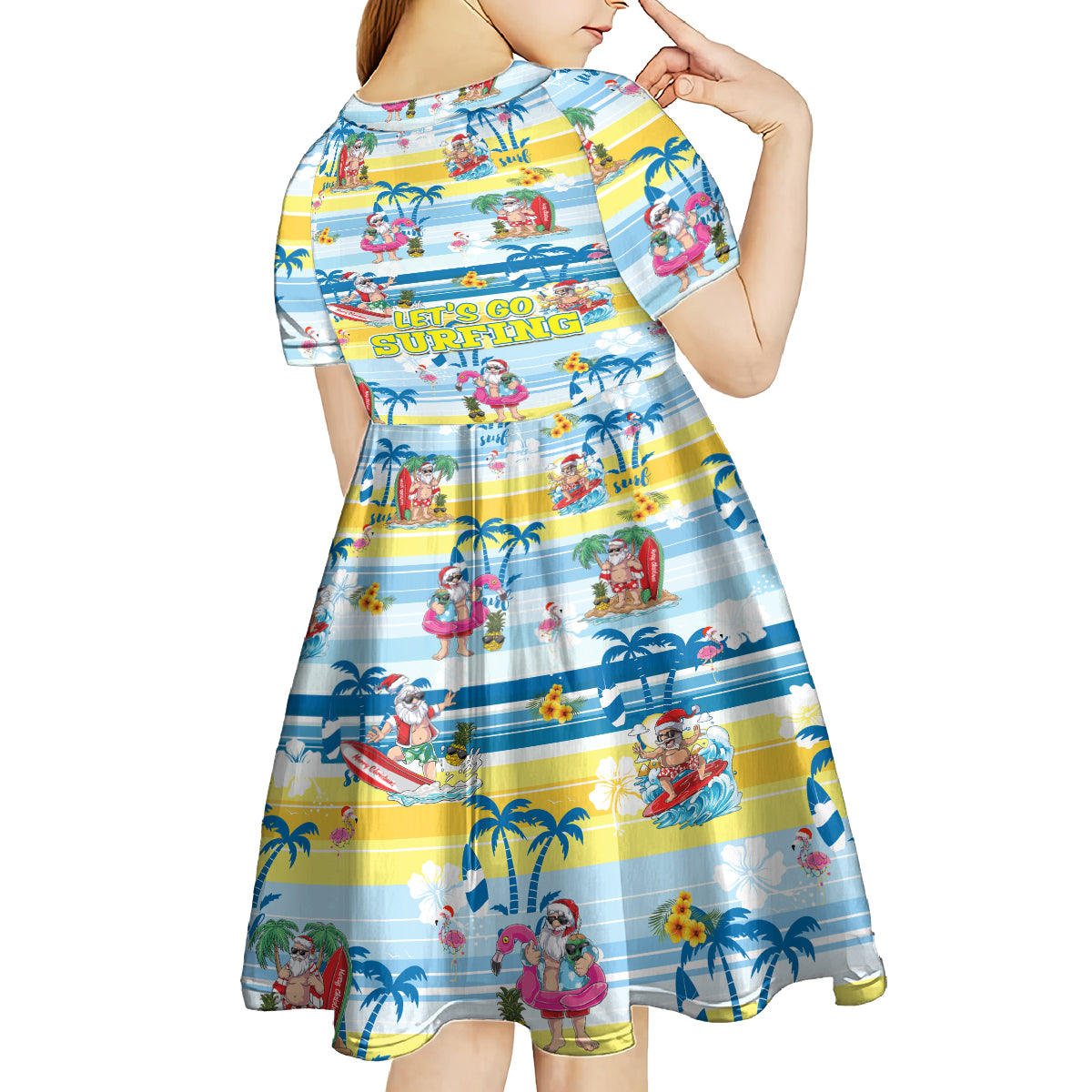 Surfing Christmas Kid Short Sleeve Dress Tropical Santa Let's Go Surfing - Wonder Print Shop