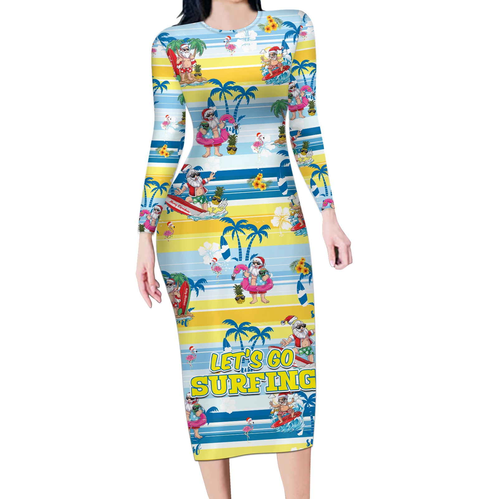 Surfing Christmas Long Sleeve Bodycon Dress Tropical Santa Let's Go Surfing - Wonder Print Shop